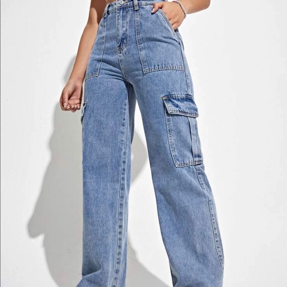 High Waisted Flap Pocket Cargo Jeans